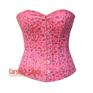 Pink Butterfly Printed Soft Leather Overbust Bustier Waist Training Corset