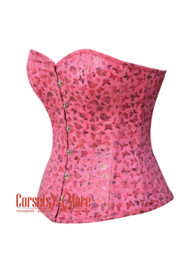 Plus Size Pink Butterfly Printed Soft Leather Overbust Bustier Waist Training Corset