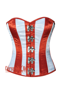 Plus Size White And Red Stripes Burlesque Overbust Bustier Waist Training Corset
