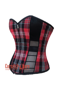 Plus Size Red Flanel with Black mesh Front Zipper Plus Size Corset Costume Overbust Top