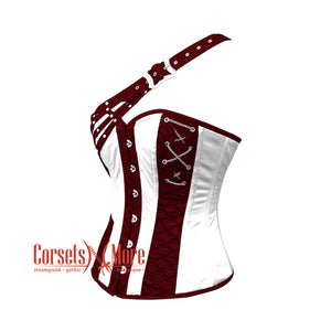 White And Burgundy Satin Gothic Steampunk Costume Overbust Bustier Top