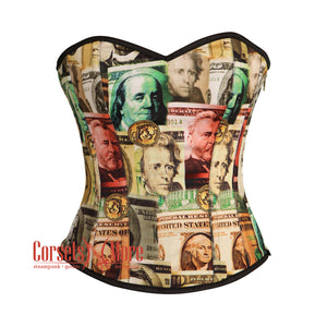 Currency Printed Satin Overbust Corset Bustier Cosplay Costume For Halloween