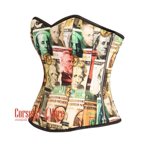 Plus Size Currency Printed Satin Overbust Corset Bustier Cosplay Costume For Halloween
