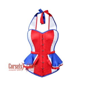 Plus Size Red Blue Satin Peplum Corset With Strap Costume France Flag Top