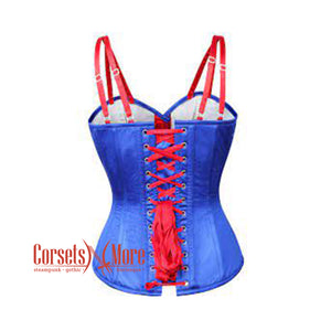 Plus Size Blue And  White Satin With Red Sequins UK Flag Goth Burlesque Overbust Corset With Red Stripes