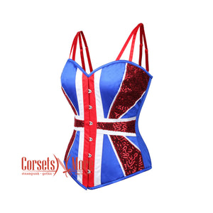 Blue And White Satin With Red Sequins UK Flag Goth Burlesque Overbust Corset