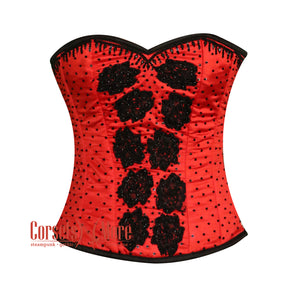 Red Satin Black Sequins Hand Work Burlesque Gothic Costume Overbust Bustier Top