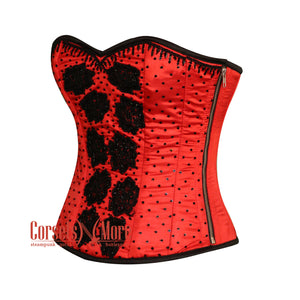Plus Size Red Satin Black Sequins Hand Work Burlesque Gothic Costume Overbust Bustier Top