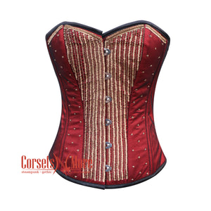 Red Satin Net Gold Sequins Hand Work Burlesque Gothic Costume Overbust Bustier Top