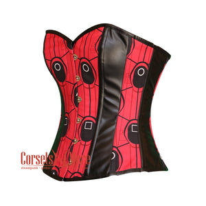 Plus Size Red And Black Printed Lycra Leather Stripes Squid Game Costume Overbust Bustier Top