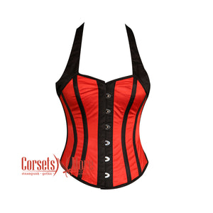 Red And Black Satin Halter Neck Burlesque Gothic Costume Overbust Bustier Top