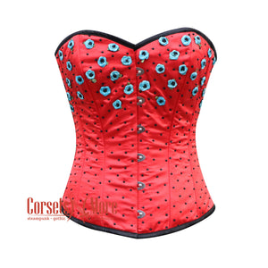 Plus Size Red Satin Flowers And Sequins Hand Work Burlesque Gothic Costume Overbust Bustier Top