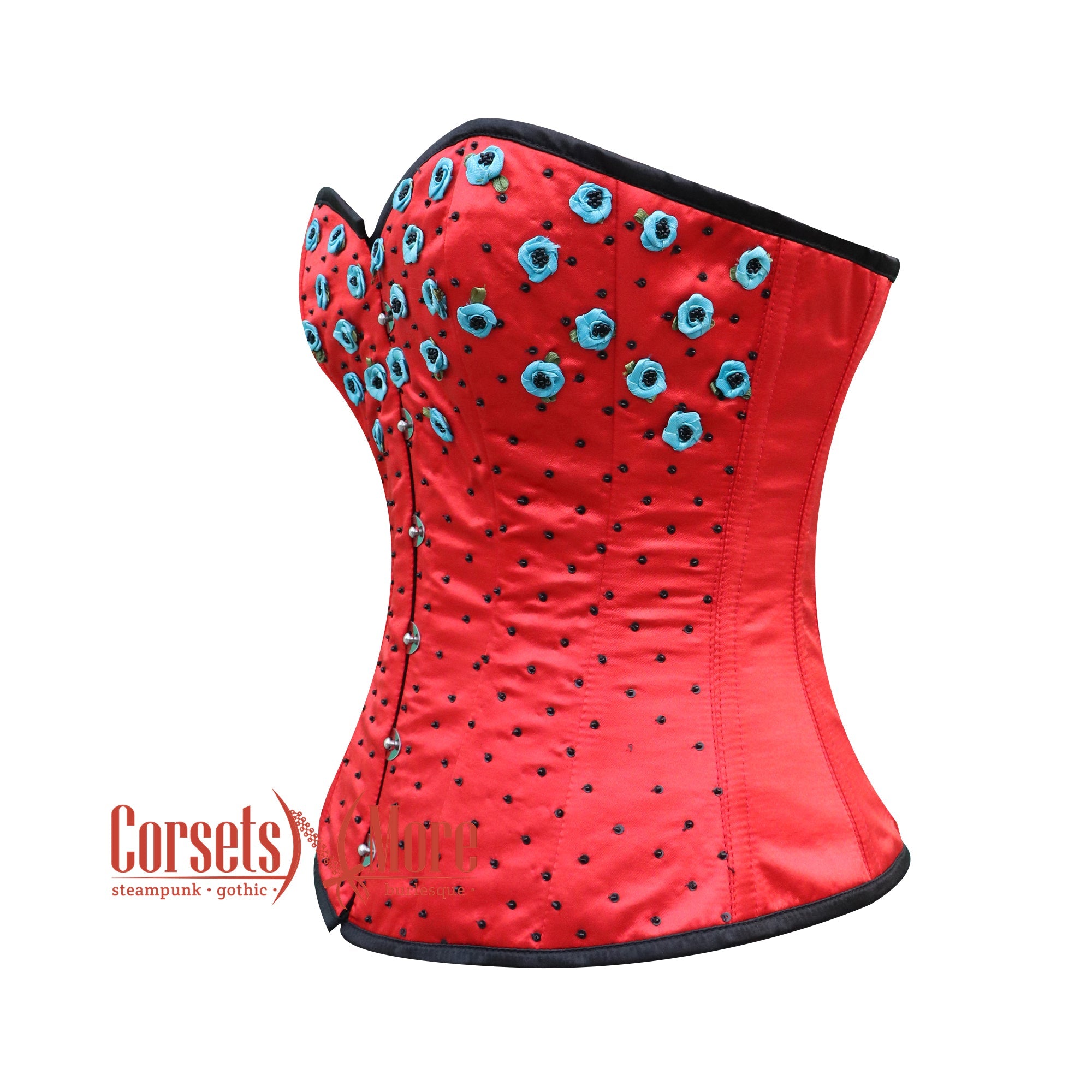 Burlesque Corset In Black and Red Floral Print (Boned Corsets)