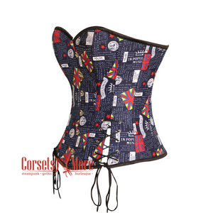 Navy Blue Flag Printed Corset Burlesque Gothic Costume Overbust Bustier Top