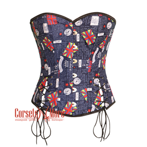 Plus Size Navy Blue Flag Printed Corset Burlesque Gothic Costume Overbust Bustier Top