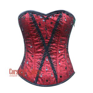 Red Satin With Black Sequins Burlesque Gothic Overbust Corset Bustier Top