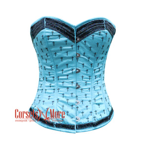 Baby Blue Satin Black Sequins Burlesque Gothic Corset Bustier Overbust