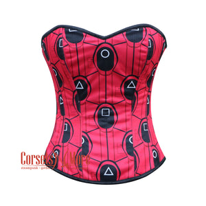 Red And Black Printed Lycra Burlesque Squid Game Costume Overbust Bustier Top