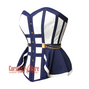 Plus Size White And Navy Blue Satin Gothic Overbust Corset Bustier Doctor Who costume