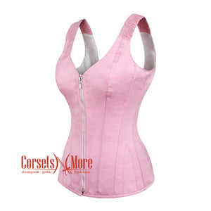 Plus Size Baby Pink Satin Gothic Overbust Corset  With Shoulder Strap Bustier Top
