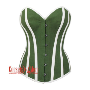 Olive Green Cotton With White Stripes Burlesque Gothic Overbust Corset Bustier Top