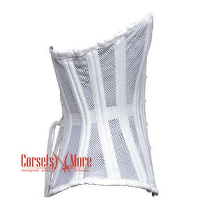 White Satin With Mesh Front Lace Double Bone Burlesque Gothic Overbust Corset Bustier Top