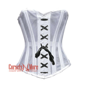 White Satin With Mesh Front Black Lace Double Bone Burlesque Gothic Overbust Corset Bustier Top