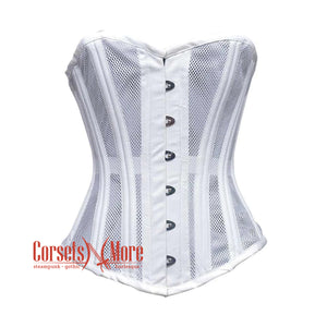 White Satin With Mesh Double Bone Burlesque Gothic Overbust Corset Bustier Top