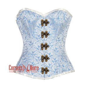 Blue And White Brocade Front Antique Clasps Burlesque Gothic Overbust Corset Bustier Top