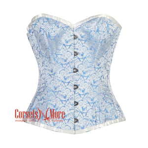 Plus Size Blue And White Brocade Burlesque Gothic Overbust Corset Bustier Top