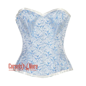 Plus Size Blue And White Brocade Front Closed Burlesque Gothic Overbust Corset Bustier Top