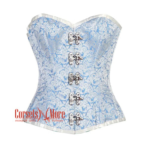Blue And White Brocade Front Silver Clasps Burlesque Gothic Overbust Corset Bustier Top