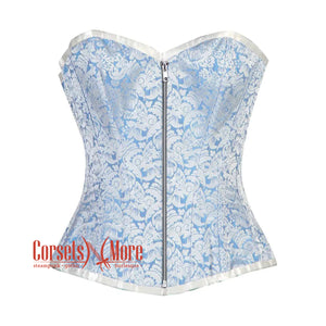 Blue And White Brocade Silver Zip Burlesque Gothic Overbust Corset Bustier Top