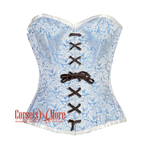 Plus Size Blue And White Brocade With Lace Burlesque Gothic Overbust Corset Bustier Top