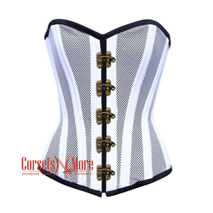 White Satin With Mesh Front Seal Lock Double Bone Burlesque Gothic Overbust Corset Bustier Top