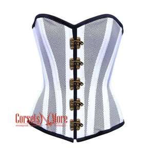Plus Size White Satin With Mesh Front Seal Lock Double Bone Burlesque Gothic Overbust Corset Bustier Top