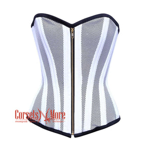 White Satin With Mesh Front Zip Double Bone Burlesque Gothic Overbust Corset Bustier Top