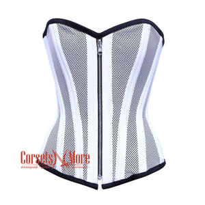 Plus Size White Satin With Mesh Front Zipper Burlesque Gothic Overbust Corset Bustier Top