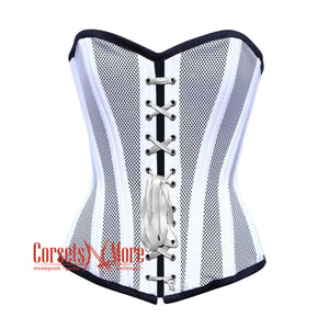 White Satin With Mesh White Lace Double Bone Burlesque Gothic Overbust Corset Bustier Top