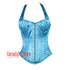 Baby Blue Satin Halter Neck Shoulder Strap Burlesque Overbust Corset Bustier Top