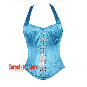 Baby Blue Satin With Shoulder Strap Burlesque Overbust Corset Bustier Top