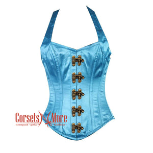 Plus Size Baby Blue Satin With Shoulder Strap Front Clasp Burlesque Overbust Corset Bustier Top