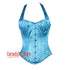 Plus Size Baby Blue Satin Halter Shoulder Strap Burlesque Overbust Corset Bustier Top