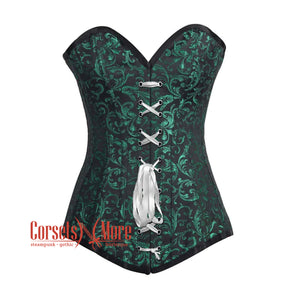 Green And Black Brocade Longline Front Lace Gothic Corset Burlesque Overbust Costume Bustier Top
