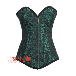 Black And Green Brocade Longline Front zipper Gothic Corset Burlesque Overbust Costume