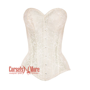 Ivory Brocade Longline Gothic Burlesque Waist Training Overbust Corset Bustier Top