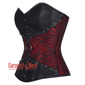 Red and Black Brocade Leather Belt Steampunk Sexy Waist Training Overbust Corset Bustier Top