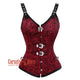 Plus Size Red and Black Brocade Leather Shoulder Strap Steampunk Sexy Waist Training Overbust Corset Bustier Top