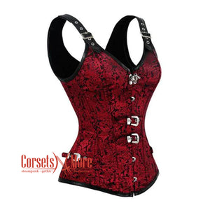 Red and Black Brocade Leather Shoulder Strap Steampunk Sexy Waist Training Overbust Corset Bustier Top