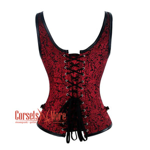Red and Black Brocade Leather Shoulder Strap Steampunk Sexy Waist Training Overbust Corset Bustier Top